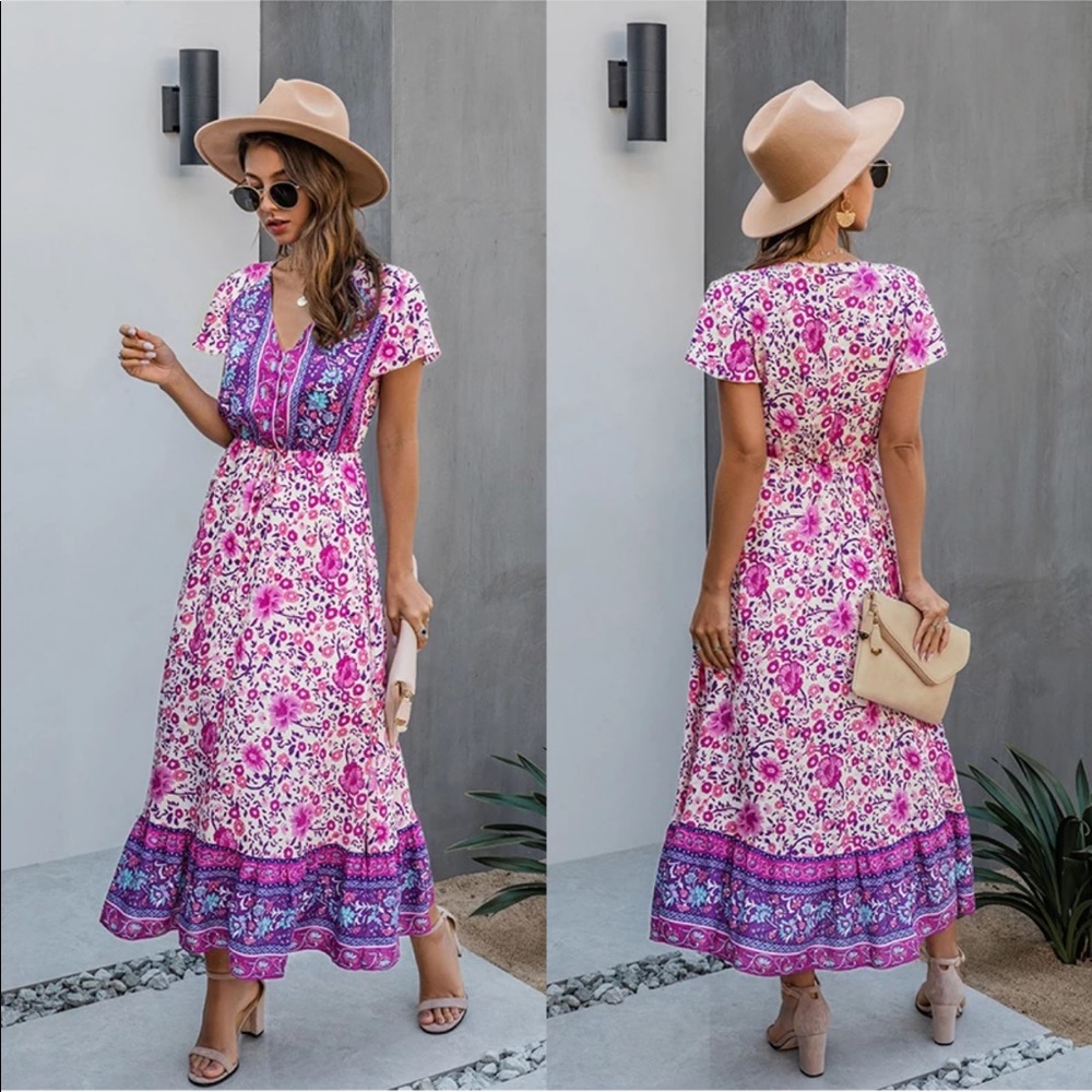 Girly Pink Boho Floral Gypsy Print Maxi Dress - Picture 2 of 11
